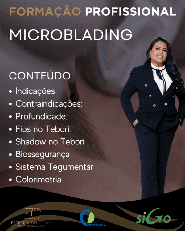 Banner de divulgação do Curso de Microblading com certificação DGERT do Estética do Olhar Beauty Studio & Academy, formação prática em Carcavelos